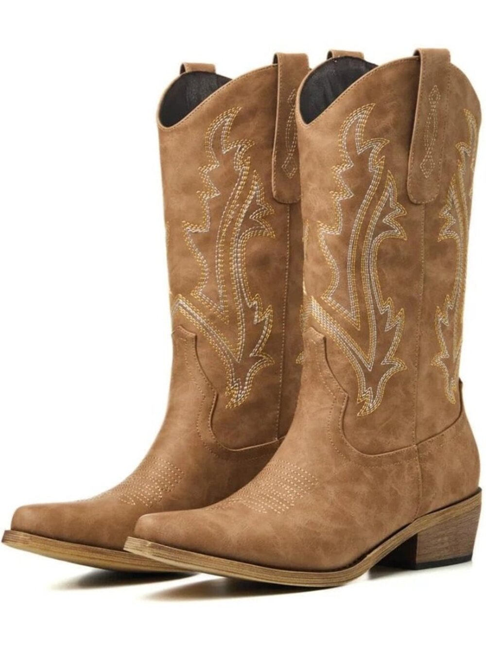 〽️Women's Mid-Calf Cowgirl Boots Tan Leather Block Heel Embroidered Square Toe